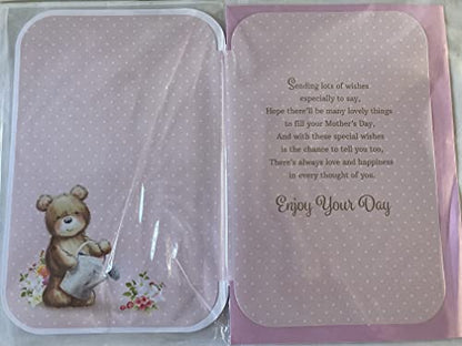 To A Lovely Aunt Happy Mother's Day Enjoy Your Day Mothers Day Card Pink-Gold Teddy/Watering Can 3D/Glitter/Foil Detail(PRELUDE47686)