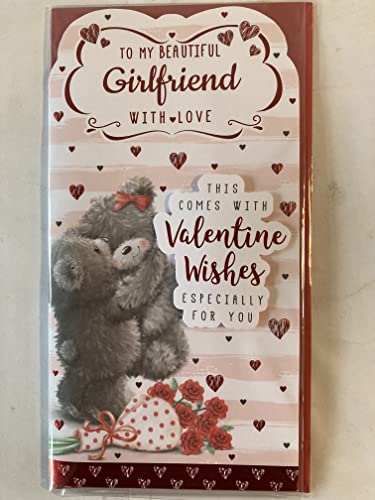 To My Beautiful Girlfriend With Love This Come With Valentine Wishes Especially For You Valentine's Valentines Day Card Teddies Hugging/Pink+White Stripes 3D/Foil Detail (PRELUDE43037)