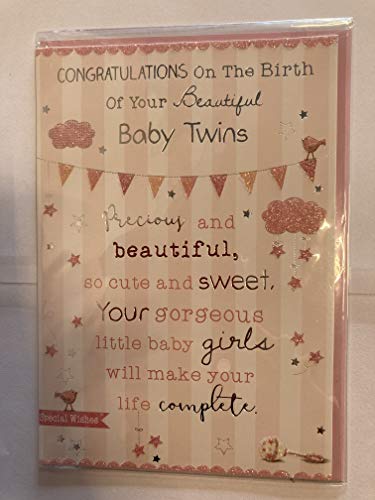 Congratulations On The Birth Of Your Beautiful Baby Twins New Baby Girl Twin Girls Born Card Pink/Silver Words/Stripes/Bunting Glitter/Foil Detail(PH41078B)