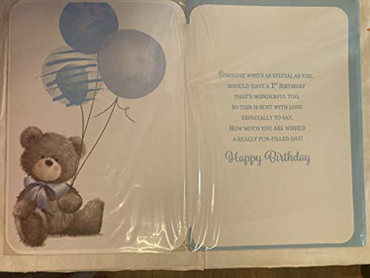 You're 1 Today Grandson Birthday Card Age 1 1st First One Teddy/Blue Balloons Ribbon/Glitter/Foil Detail Larger Size Card(PRELUDE45551)