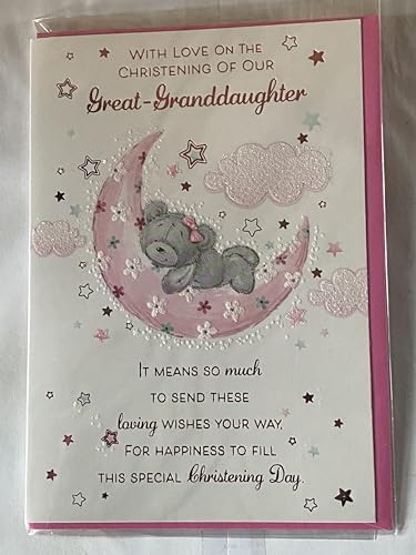 With Love On The Christening Of Our Great-Granddaughter Christening Card Great-Granddaughter's Christening Day Card Grey Teddy/Pink Moon Glitter/Foil Design(PH44847A)