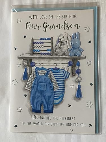 With Love On The Birth of Our Grandson New Baby Boy Born Card from The Grandparents Blue Baby Clothes/Rabbits Foil Detail(VA217E)