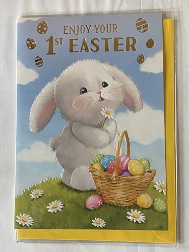 Enjoy Your 1st Easter Card Baby's Babys First Easter Cute Bunny Rabbit Holding Daisy/Basket Easter Eggs Foil Detail (PH49852A)