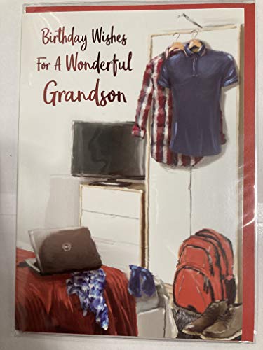 Birthday Wishes For A Wonderful Grandson Birthday Card Clothes/Red Rucksack/Grey Laptop Foil Detail(PH43618A)