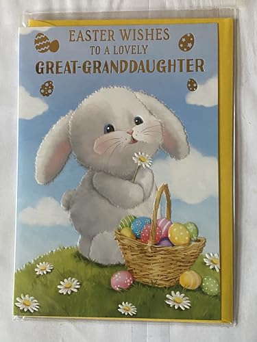 Easter Wishes To A Lovely Great-Granddaughter Easter Card Cute Bunny Rabbit Holding Daisy/Basket Easter Eggs Foil Detail (PH49852A)