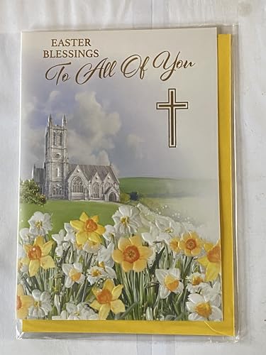 Easter Blessings To All Of You Easter Card Church/Spring Flowers/Countryside Scene Foil Detail (PH49857A)