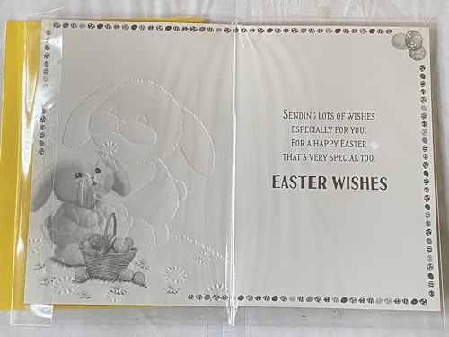 Enjoy Your 1st Easter Card Baby's Babys First Easter Cute Bunny Rabbit Holding Daisy/Basket Easter Eggs Foil Detail (PH49852A)