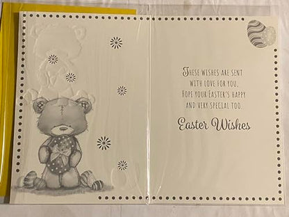 To A Special Granddaughter Easter Card Teddy Holding Yellow Easter Egg/Multi Words/Spots Foil Detail (PH48819E)