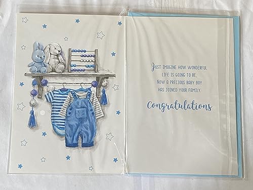 Congratulations On The Birth of Your Great-Grandson New Baby Boy Born Card To The Great-Grandparents Blue Baby Clothes/Blue+White Rabbits Foil Detail(VA217E)