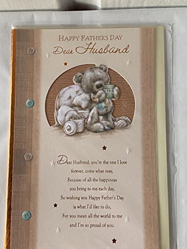 Happy Father's Day Dear Husband Fathers Day Card Brown-Teddy/Cuppa Tea/Gold Words Foil Detail(BGC31125)