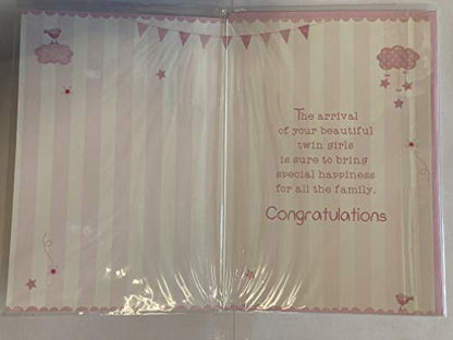 Congratulations On The Birth Of Your Beautiful Baby Twins New Baby Girl Twin Girls Born Card Pink/Silver Words/Stripes/Bunting Glitter/Foil Detail(PH41078B)