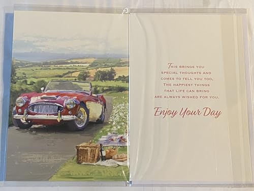 Mens Male Age 65 65th Sixty-Five Sixty-Fifth Happy 65th Birthday Card Red+White Car/Countryside/Picnic Foil Detail(NC-VA235A)