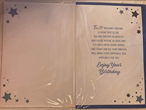 To A Wonderful Son On Your 21st It's Your Birthday Time To Celebrate! Birthday Card Age 21 21st Twenty-One White/Gold/Blue Stars/Words 3D/Foil Detail Larger Size Card(PRELUDE45526)