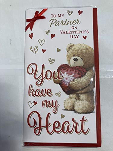 to My Partner On Valentine's Day You Have My Heart Valentines Day Card Teddy Holding Big Red Heart Ribbon/Foil Detail (PRELUDE46680)