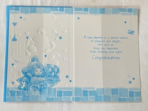 Congratulations On The Birth of Your Nephew New Baby Boy Born Card Grey Teddy/Blue Check Blanket Foil Detail(PH37268E)