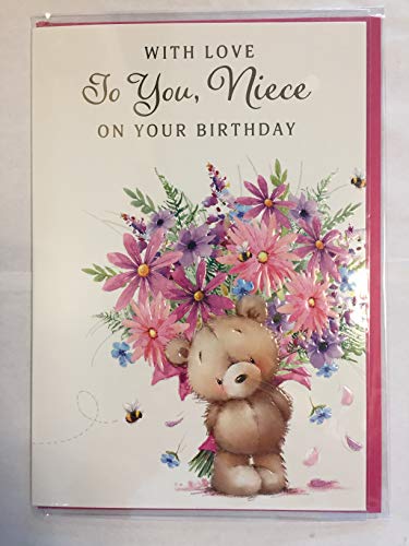 With Love To You Niece On Your Birthday Card Teddy Pink/Purple/Blue Flowers Foil Detail(NC-VA123A)