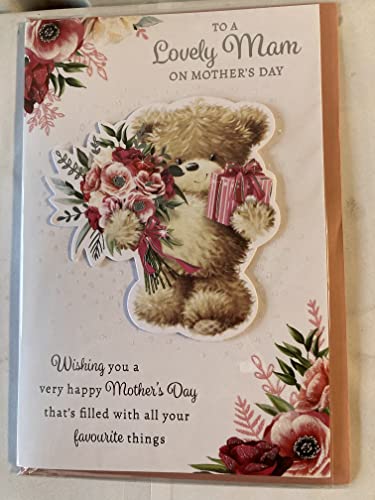 To A Lovely Mam On Mother's Day Mothers Day Card Teddy/Pink Flowers+Present/Silver Words 3D/Glitter/Foil Detail(PRELUDE47684)