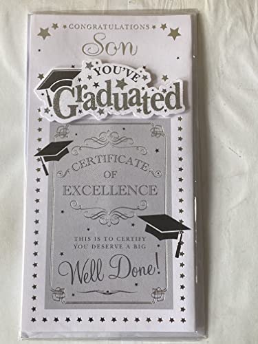 Congratulations Son You've Graduated Well Done! Graduation Card White/Silver/Black-Hats/Words/Stars 3D/Glitter/Foil Detail(PRELUDE39804)