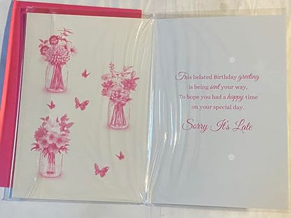 Ladies/Female/Girls Sending Belated Birthday Wishes Belated Birthday Card Multi Flowers/3 Glass Jars/Words Glitter/Foil Detail(PH43611A)