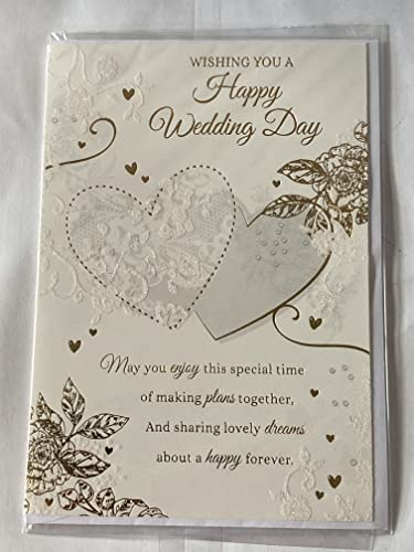 Wishing You A Happy Wedding Day Card White/Gold-Hearts/Words Glitter/Foil Detail On Your Wedding Day(PH44845A)