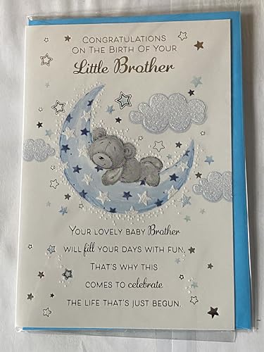 Congratulations On The Birth of Your Little Brother New Baby Boy Born Card Grey Teddy/Blue Moon Glitter/Foil Detail(PH44849A)