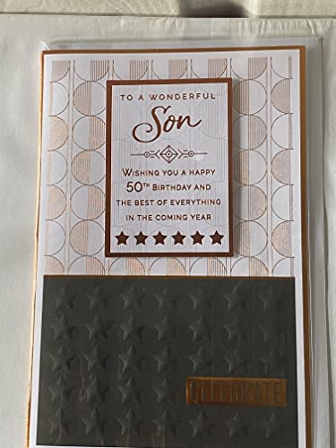 To A Wonderful Son 50th Birthday Card Age 50 50th Fifty Fiftieth White/Gold/Black-Pattern/Words 3D/Foil Detail(PRELUDE48250)