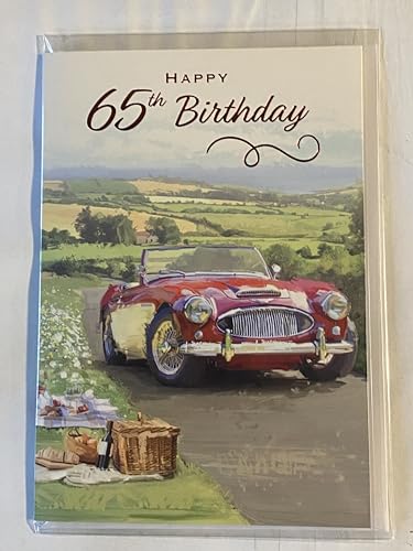 Mens Male Age 65 65th Sixty-Five Sixty-Fifth Happy 65th Birthday Card Red+White Car/Countryside/Picnic Foil Detail(NC-VA235A)