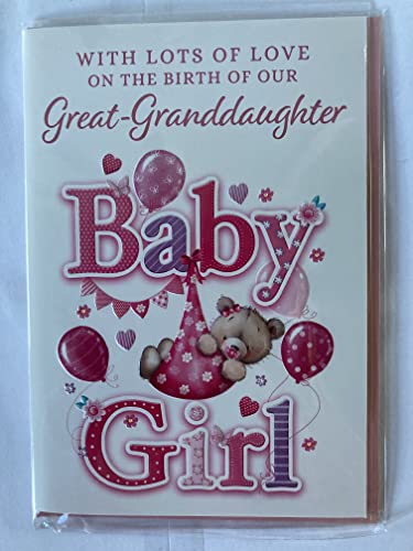 With Lots Of Love On The Birth of Our Great-Granddaughter New Baby Girl Born Card From Great-Grandparents Teddy/Pink Blanket/Pink Balloons Foil Detail(VA214A)