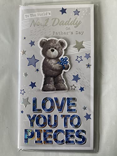 To The World's No.1 Daddy On Father's Day Love You To Pieces Fathers Day Card Grey-Teddy/Blue+Silver Words/Stars 3D/Foil Detail(PRELUDE48130)