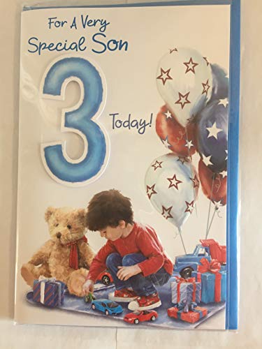 To A Very Special Son 3 Today! Birthday Card Age 3 3rd Third Three Boy/Cars/Balloons 3D/Foil Detail(PRELUDE44295)