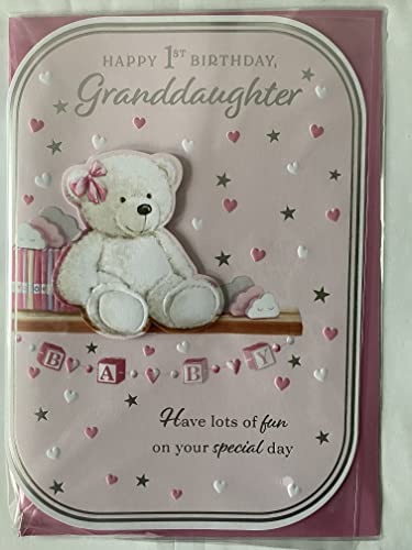 Happy 1st Birthday Granddaughter Card Age 1 1st First One Pink-White Teddy/Hearts/Stars 3D/Foil Detail Larger Size Card(PRELUDE47317)