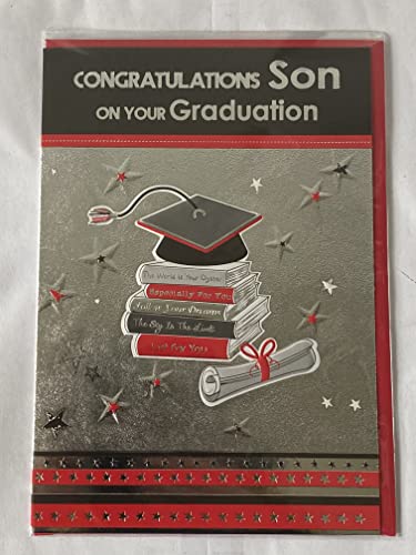 Congratulations Son On Your Graduation Card Graduated Well Done Silver/Red/Black-Books/Hat/Scroll Foil Detail(PH37151A)