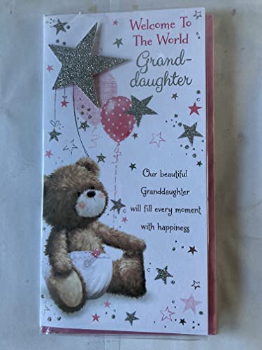 Welcome To The World Granddaughter New Baby Girl Born Birth Our Card From The Grandparents Teddy/Pink Balloons/Silver Stars+Words 3D/Glitter/Foil Detail(PRELUDE47303)