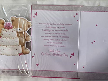 To A Very Special Niece & Husband On Your Wedding Day Card White/Pink Teddies/Wedding Cake Ribbon/Pearl Heart/Foil Detail(PRELUDE35822)