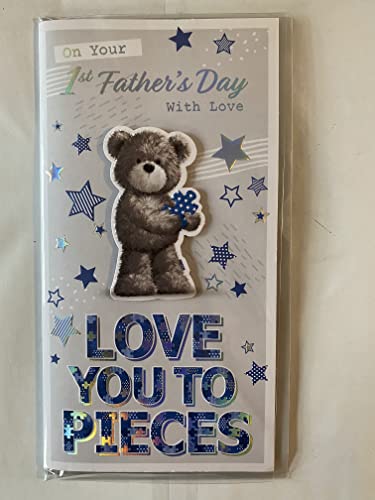 On Your 1st Father's Day With Love, Love You To Pieces First Fathers Day Card Grey-Teddy/Blue+Silver Words/Stars 3D/Foil Detail(PRELUDE48130)