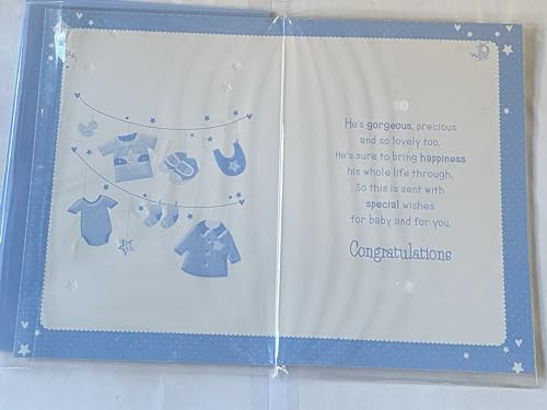 On The Birth of Your Beautiful Great-Grandson New Baby Boy Born Card to The Great-Grandparents White/Blue Clothes Line/Silver Words Foil Detail(PH39999E)