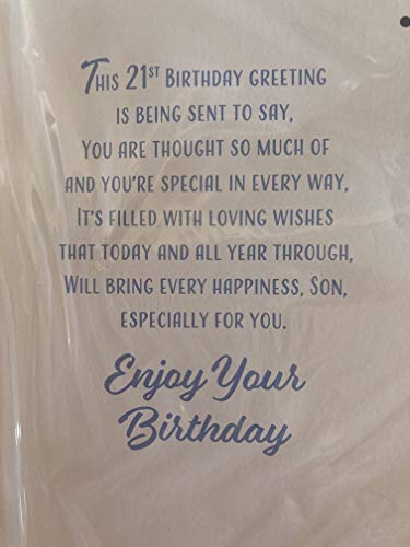 To A Wonderful Son On Your 21st It's Your Birthday Time To Celebrate! Birthday Card Age 21 21st Twenty-One White/Gold/Blue Stars/Words 3D/Foil Detail Larger Size Card(PRELUDE45526)