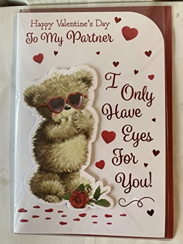 Happy Valentine's Day To My Partner I Only Have Eyes For You! Valentine's Day Valentines Day Card Teddy/Red Heart Sunglasses 3D/Foil Detail (PRELUDE46682)