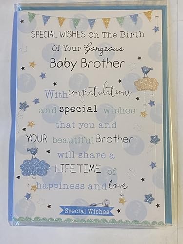 Special Wishes On The Birth Of Your Gorgeous Baby Brother New Baby Boy Born Card Blue/Green/Silver/Yellow Words/Spots/Bunting Glitter/Foil Detail(PH41080A)