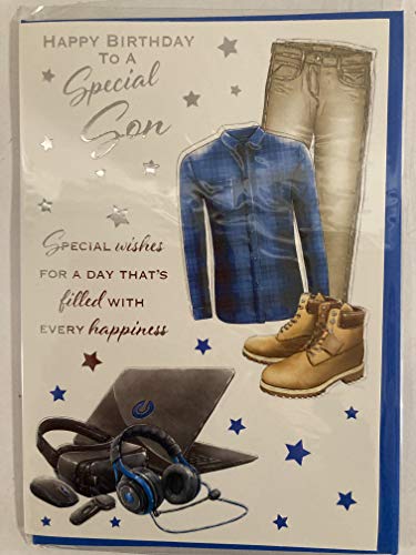 Happy Birthday To A Special Son Birthday Card Blue Shirt/Clothes/Techno/Silver Words Foil Detail(PH44831A)