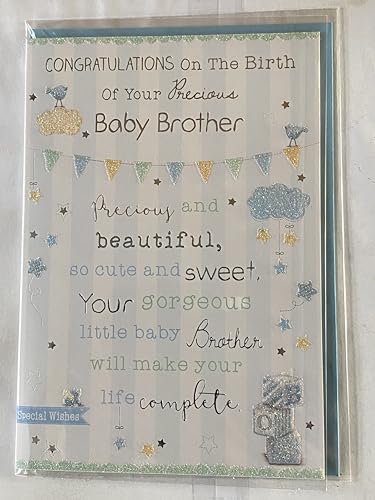 Congratulations On The Birth Of Your Precious Baby Brother New Baby Boy Born Card Blue/Green/Silver/Yellow Words/Stripes/Bunting Glitter/Foil Detail(PH41080E)