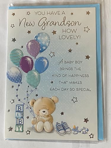 You Have A New Grandson How Lovely! On The Birth Of Your Grandson New Baby Boy Born Card To The Grandparents Teddy/Multi Balloons/Silver Words Foil Detail(PH49498A)