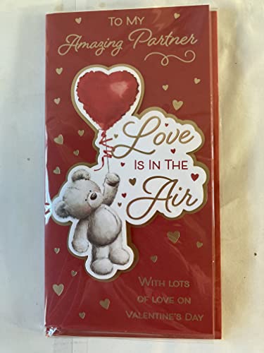 To My Amazing Partner Love Is In The Air Valentine's Day Valentines Day Card Red-Teddy Holding Red Heart Balloon/Gold Hearts 3D/Foil Detail (PRELUDE47552)