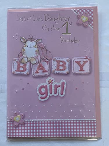 Lots Of Love Daughter On Your 1st Birthday Baby Girl Age 1 First 1st Birthday Card Pink-Baby Giraffe/Words Glitter/Foil Detail(REGENTT212A)