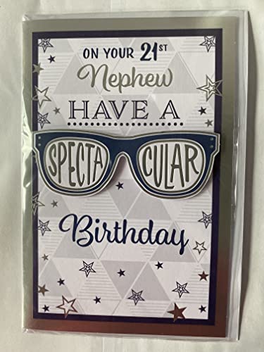 On Your 21st Nephew Have A Spectacular Birthday Card Age 21 Twenty-One Blue/Silver Glasses/Stars/Words 3D/Foil Detail(PRELUDE48255)