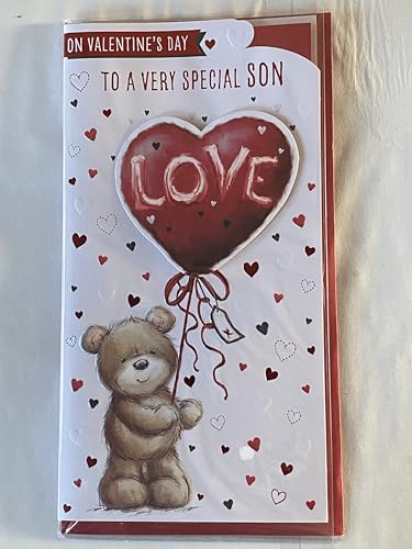 On Valentine's Day To A Special Son Valentines Day Card Teddy Holding Red Love Heart Balloon 3D/Foil Detail (PRELUDE49598)