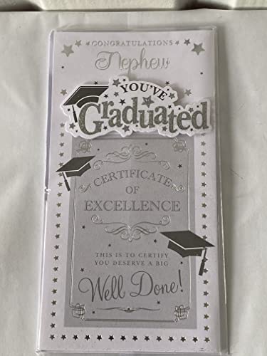 Congratulations Nephew You've Graduated Well Done! Graduation Card White/Silver/Black-Hats/Words/Stars 3D/Glitter/Foil Detail(PRELUDE39804)