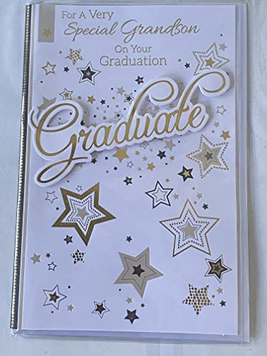 For A Very Special Grandson On Your Graduation Graduate Congratulations Well Done Graduated Card White/Gold-Words/Stars 3D/Foil Detail(PRELUDE39805)