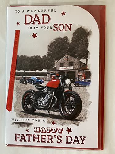 To A Wonderful Dad From Your Son Wishing You A Happy Father's Day Fathers Day Card Motorbike Ribbon/Foil Detail(PRELUDE48141)