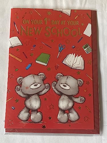 On Your 1st Day At Your New School Good Luck Card First School Red-Grey Teddies/Books/Stationary Foil Detail(PH48882A)